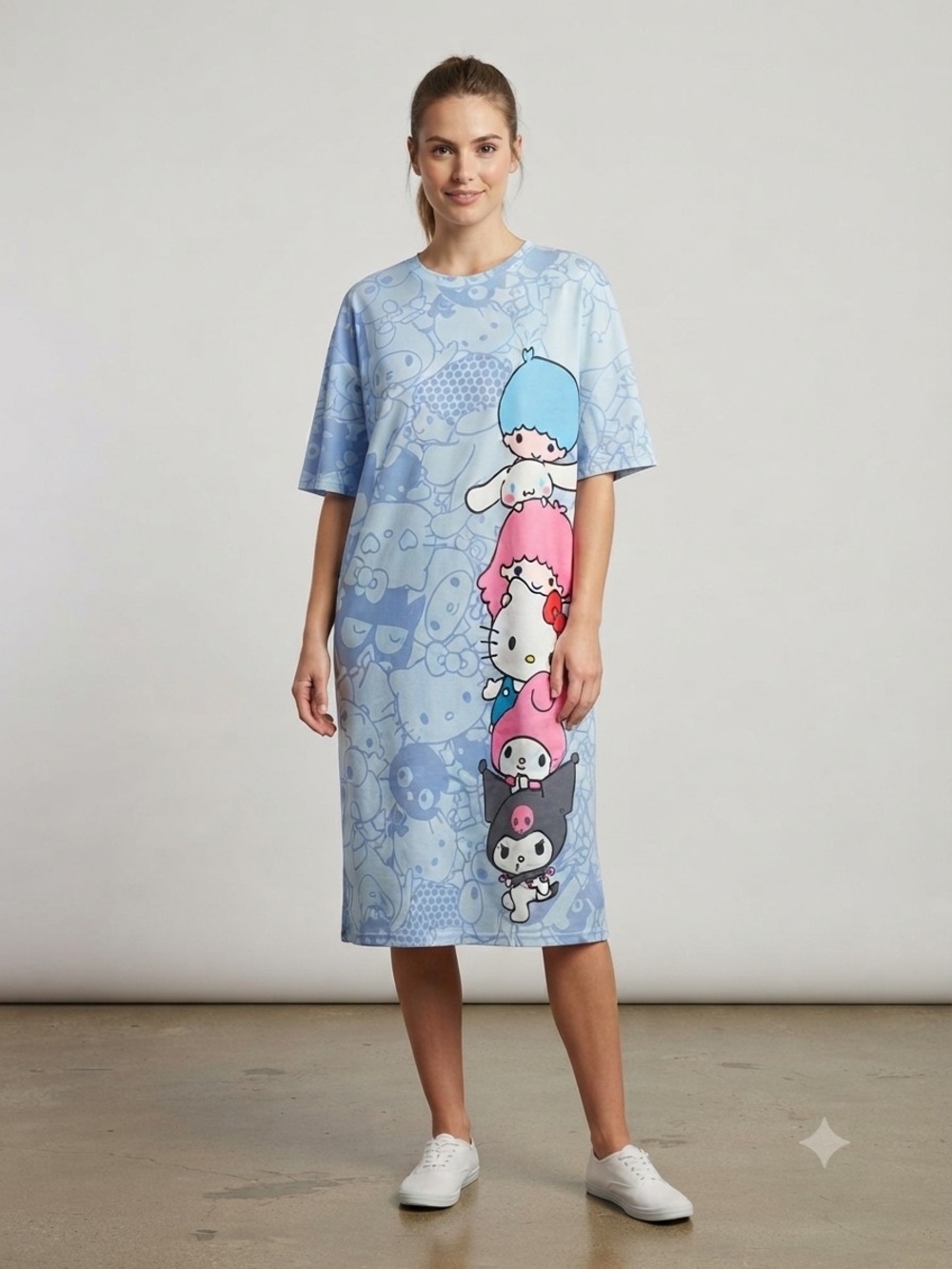 Hello Kitty Pastel Blue Midi Dress with Character Stack Size Large